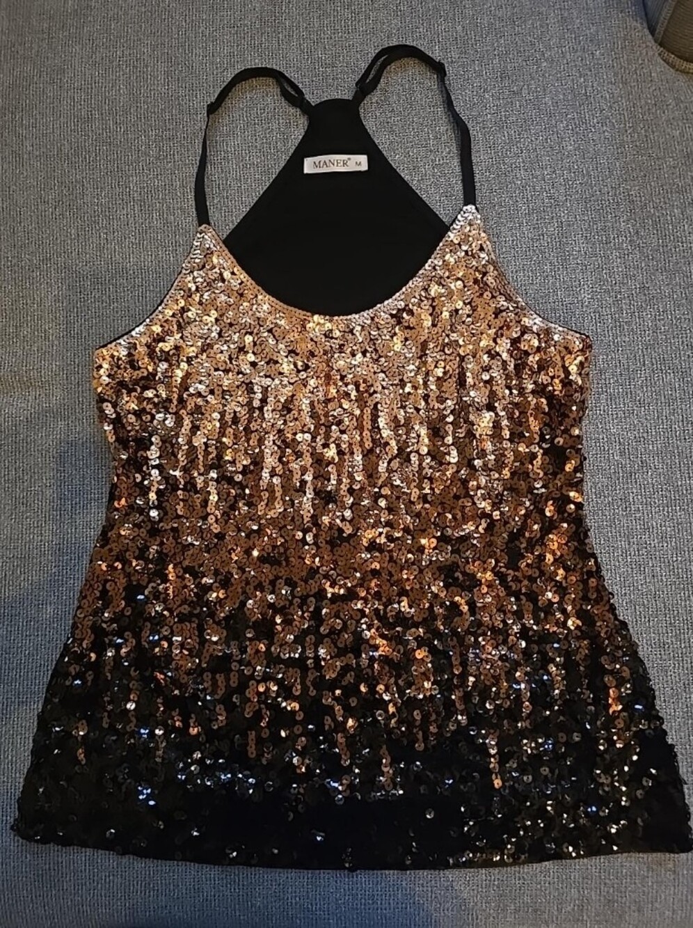 MANER Gold Black Ombre Sequin Racerback Party Tank Top M